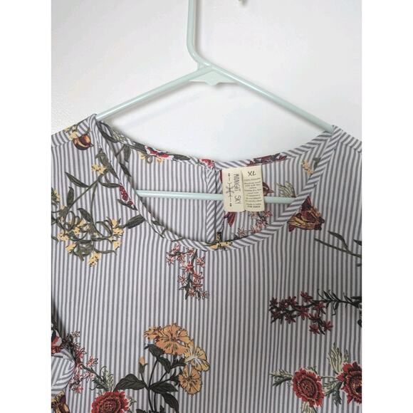 Midnight Sky Floral Sleeveless Blouse Striped Floral Birds XL Ruffle Cap Sleeve - Picture 5 of 9
